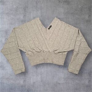 Hers & Mine Women's Large Cropped Sweater Gray Ribbed V-Neck Long Sleeve